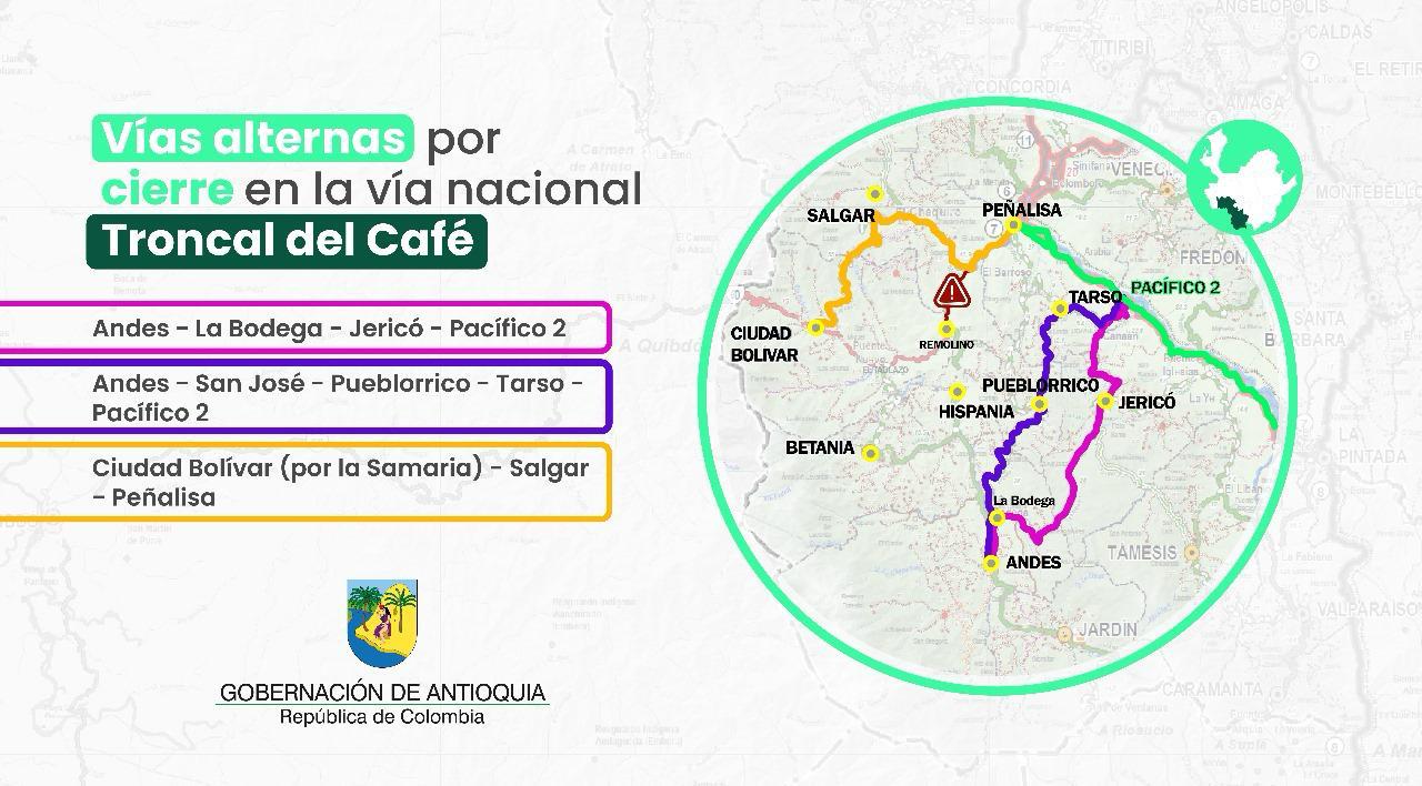 La Gobernación de Antioquia recomienda vías alternas para transitar por el Suroeste del departamento