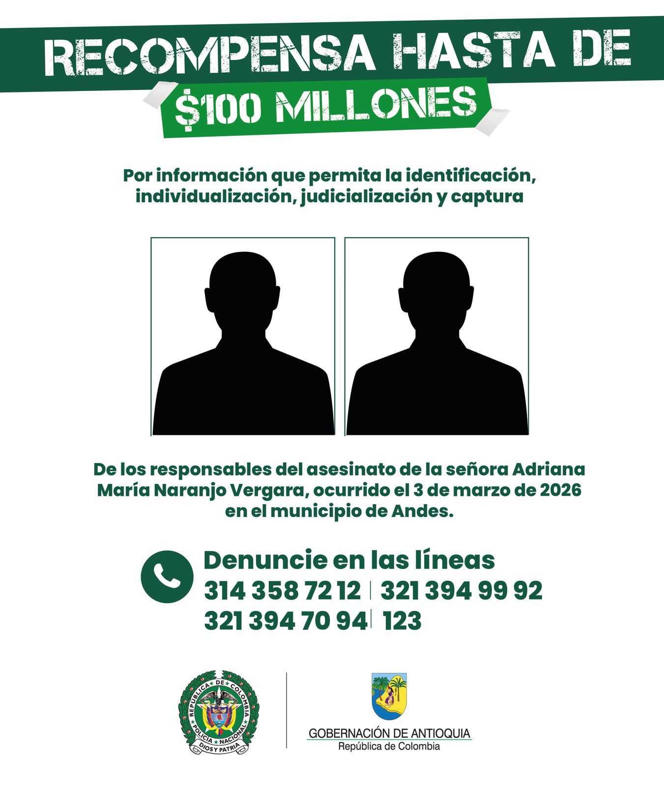 La Gobernación de Antioquia ofrece hasta 100 millones de pesos en recompensa por responsables del homicidio de una mujer en Andes 