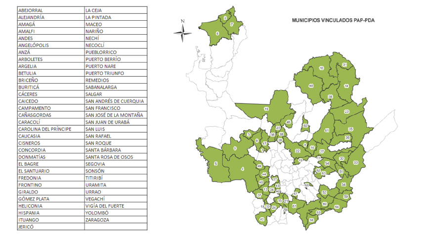 Mapa de municipios vinculados al PAP-PDA