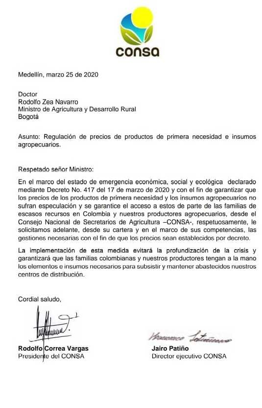 Secretarios de Agricultura del país solicitan al Gobierno Nacional la regulación de los precios e insumos de primera necesidad