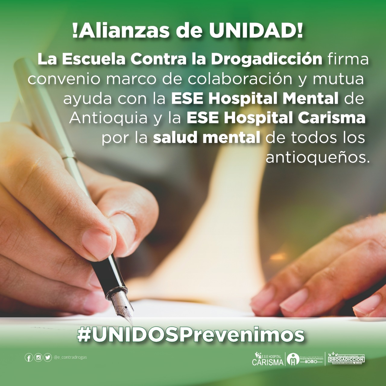 La Escuela Contra la Drogadicción firma convenio marco de colaboración y mutua ayuda con la ESE Hospital Mental de Antioquia y la ESE Hospital Carisma