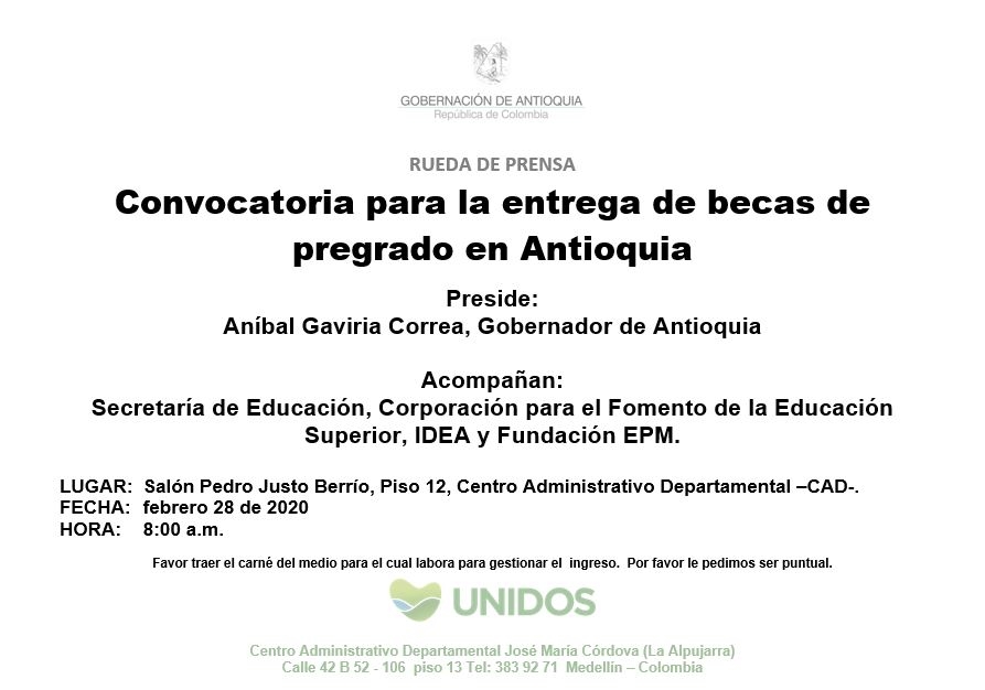 Convocatoria para la entrega de becas de pregrado en Antioquia