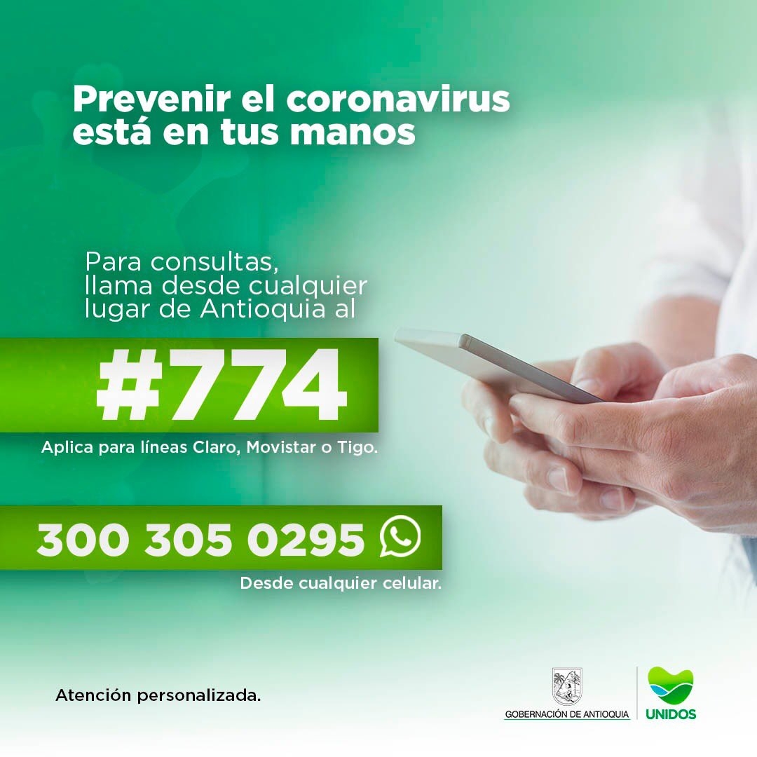 La Gobernación de Antioquia recuerda las líneas dispuestas para recibir orientación en caso de presentar síntomas de COVID-19