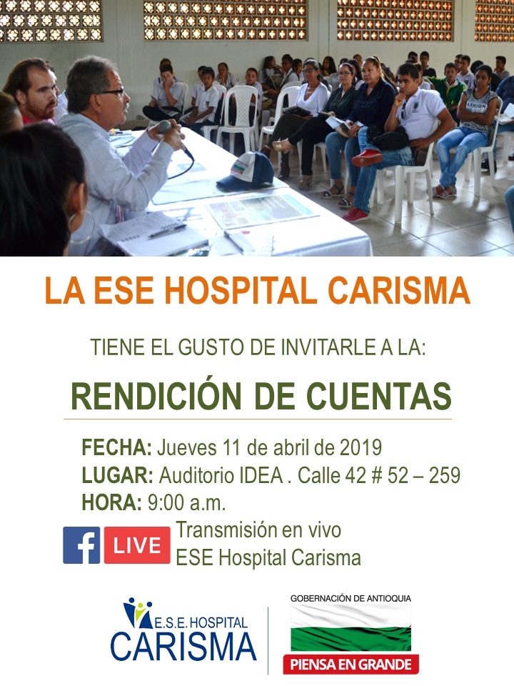 Invitación a la rendición de cuentas de la ESE Carisma, jueves 11 de abril de 2019