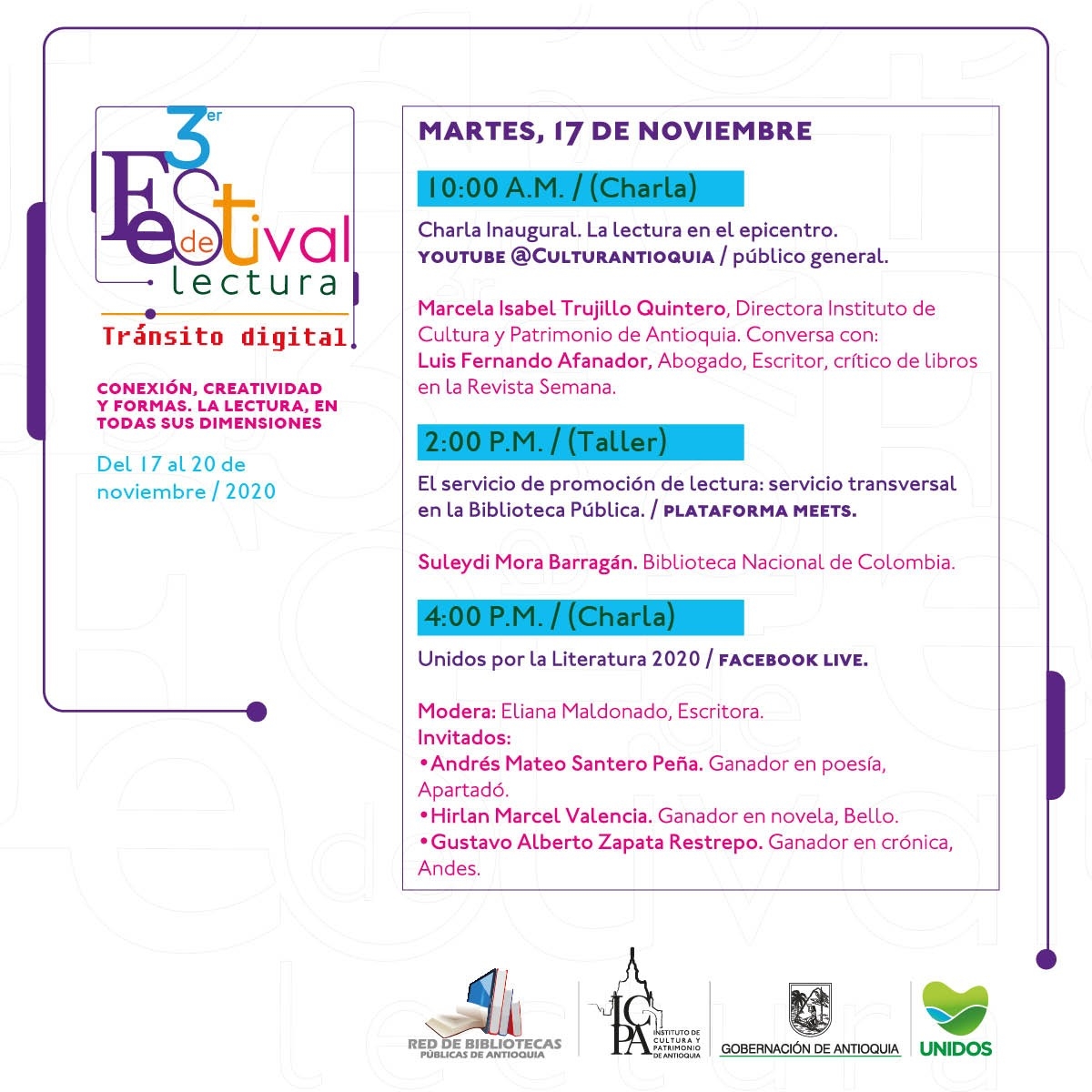 El Instituto de Cultura y Patrimonio de Antioquia, a través del área de Lectura y Bibliotecas, realiza el presente año el III Festival de Lectura, el cual enfoca la reflexión en el proceso lector en entornos digitales