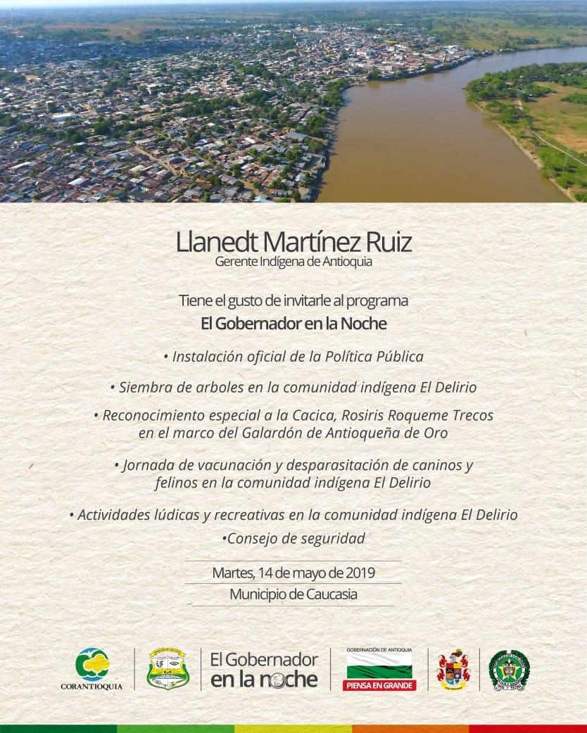 La Gerencia Indígena llegará con El Gobernador en la Noche al municipio de Caucasia